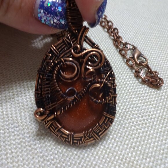 Rustic GOLD SUNSTONE Handmade COPPER WIRE-WRAPPED Pendant/Chain #950B - Picture 3 of 3